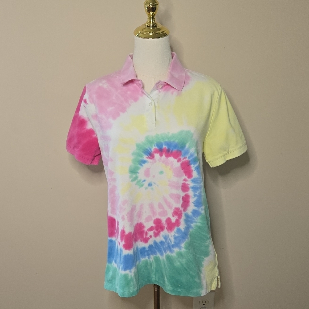 Lands' End Pink & Yellow Tie-Dye Polo Shirt Preppy Summer‎ Golf Cotton